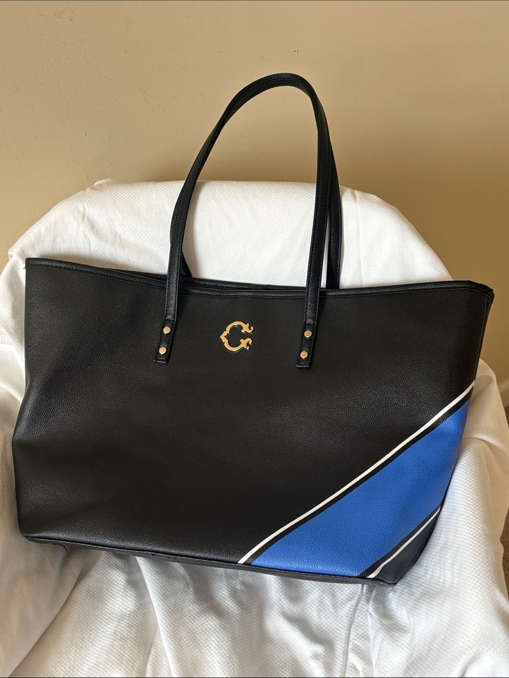 Black and Blue Leather Tote Bag with Gold 'C' Emblem